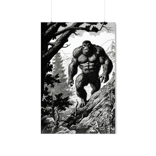 Bigfoot Sasquatch GIANT Elusive Cryptid Creature of the Wilderness 1990 Comic Book Style Black and White Poster Original Carl Crusher