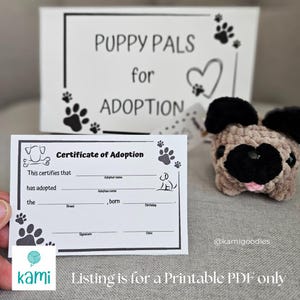 Puede incluir: Certificado de adopción imprimible para un cachorro. El certificado tiene un diseño de huella de pata y el texto "Puppy Pals for Adoption".