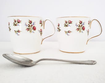 Two Royal Albert Winsome Mugs, Pink Roses, Blue Forger-Me-Nots, English Bone China, 1970s