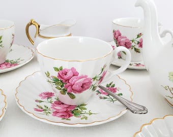 TWO or FOUR Johnson Brothers Teacups with Pink Cabbage Roses, Snowhite Regency, 1960s