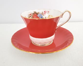Aynsley Teacup, Burnt Orange, Made in England, Floral Motif, Gold Trim