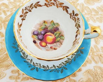 Aynsley Teacup, Signed D Jones, Fruit, Gold Trim, Scalloped, Made in England, 1960s