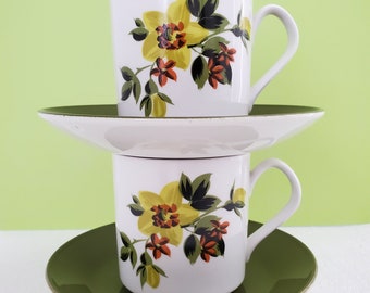 Pair of 1970s Johnson Brothers Teacups, Made in England, Floral, Avocado Green, Ironstone, Three Pairs Available