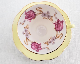 1950s EB Foley Teacup, Yellow with Purple Tulips, Gold Trim, Made in England