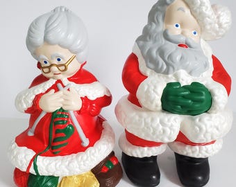 Vintage Ceramic Santa / Mrs. Claus, 14”, 13”, Made in US by Atlantic Mold, 1970s.