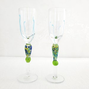 2 x Vintage Hand Blown Liqueur Glasses, Hand Painted, Multi-Coloured Stems, 6”