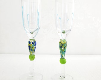 2 x Vintage Hand Blown Liqueur Glasses, Hand Painted, Multi-Coloured Stems, 6”