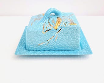 1950s Wade  Butter / Cheese Dish, "Golden Turquoise”, Bramble Design, Made in England