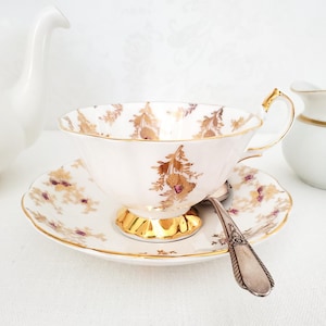 Queen Ann Teacup, Made in England, Bone China, Thistles, Gold Trim, Wide-Mouthed, Scalloped, Pattern # 5748