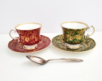 Elizabethan Teacup, Vibrant Red or Green, Floral, Dense Gold, Made in England, 1960s, Pattern #5222