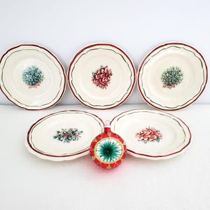5 x Franse kersthapjes van Gien France, 'Filets Noel', handgemaakt in Frankrijk, ontwerpen van hulst, kerstster en maretak, ZELDZAME vondst