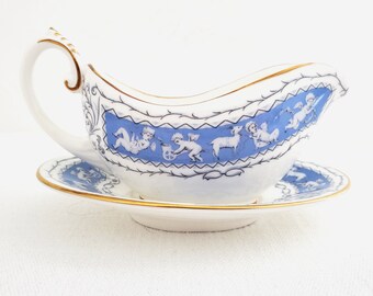 Small Sauce Jug / Gravy Boat with Underplate, Made in England, Coalport, Revelry, Bone China, Blue and White, Cherubs, 6”