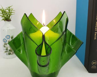 Green Art Glass Handkerchief Vase / Large Candle Holder, Folded Glass, 6”