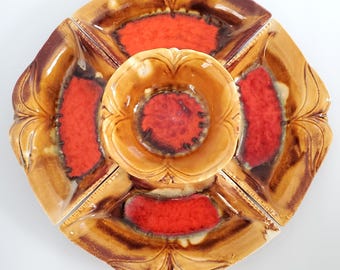 1960s California Pottery Chip and Dip / Serving Set, Red, Caramel and Dark Brown, Made in USA, 15”, Design No. 273