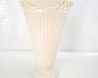 Skye McGhie Porcelain Vase, Nostalgia, Cream, Lattice Work, Ridged, 9"