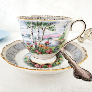 Royal Albert Silver Birch Teetasse, hergestellt in England, Goldrand, Szene am See, Blumen, 1960er Jahre, 2 verfügbar.