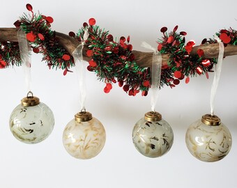 Four Vintage Christmas Baubles With Frosted Glass, Gold Leaves and White Fabric Ribbons