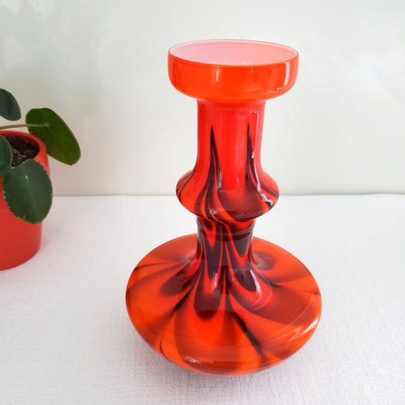Italian Glass Vase, Orange and Black, Swirled, Opaline , Florence, Vetreria Barbieri, 1970s, 10”