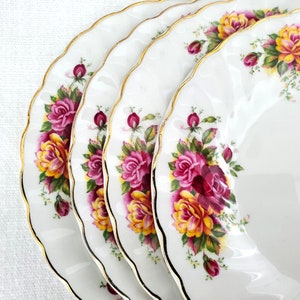 4 x Myott Rose Garden Brotteller / Beilagenteller, hergestellt in England, Keramik, Goldrand, rosa Rosen, gelbe Rosen, 17,8 cm