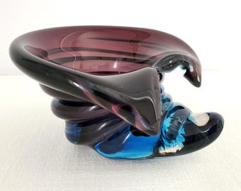 Vintage Art Glass Boot, Decorative Bowl / Candle Holder, Handmade, Purple and Blue, 6”