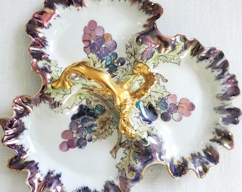 1900s French Porcelain Serving Dish, Limoges, Hand Painted, Lusterware, Grapes and Leaves, Gold Handle, Divided Platter, 12"