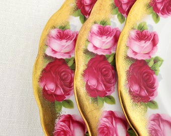 Three Royal Albert “Mother’s Day” Salad / Dessert Plates, 8", Old English Roses, Brushed Gold, 1940s, RARE