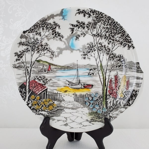 Coastal Scene Serving Plate, “Holiday” Staffordshire Pottery, W.H. Grindley, 10”