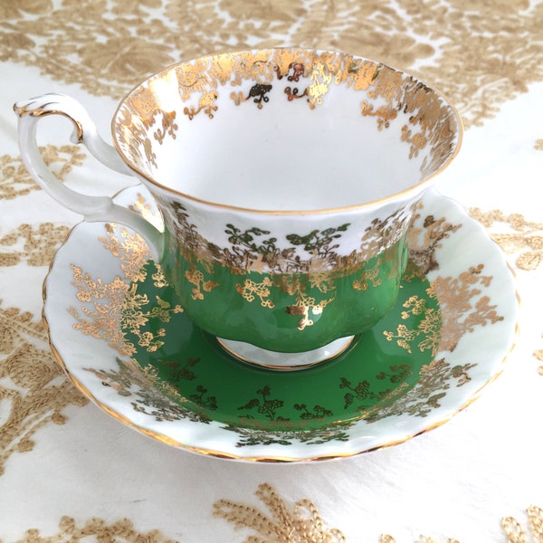 Royal Albert Teacup and Saucer, Regal Series, Gold Filigree, Green or Black, Sold Separately