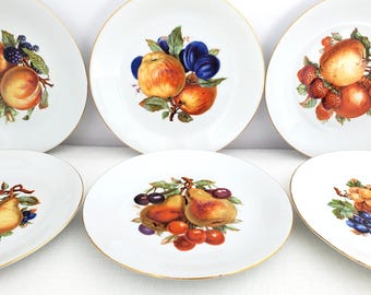 Set of 6 Vintage Dessert Plates with Fruits, Bavarian Style, Gold Trim,  8"