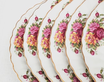 Six Myott Rose Garden Dinner Plates, Made in England, 1960s, Gold Trim, Rare Find