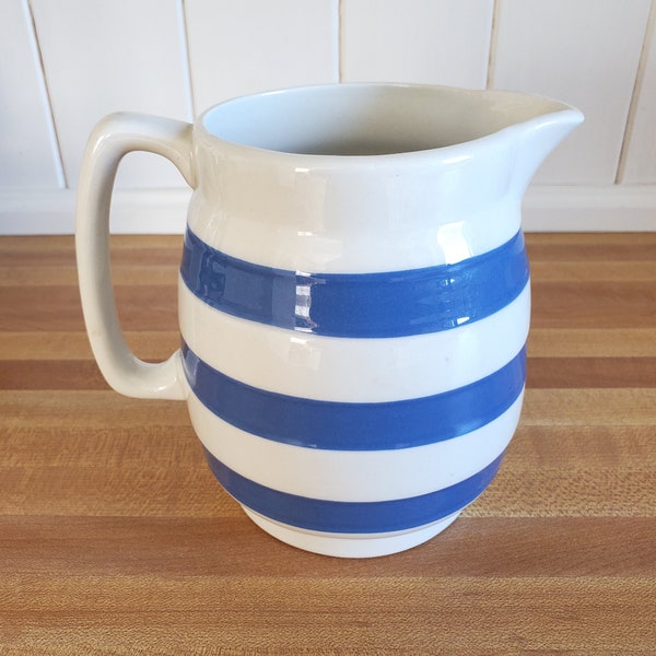 Irish Carrigaline Blue Stripe Pottery Jug / Small Pitcher, “Blue Band,” 1.5 Pints, 6”, 1960s