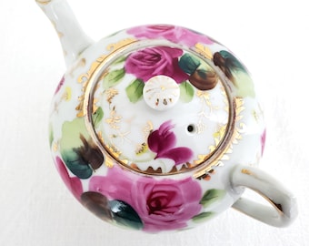 Antique (1910s) Teapot, Handpainted Porcelain, Nippon, Japan, Pink Roses, Gold Detail, 24 oz, Nippon, RARE Design
