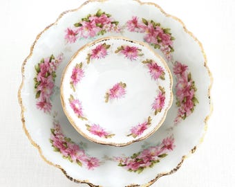 Antique (1890s) MZ Austria Porcelain Serving Bowl or Six Small Dessert (Berry) Bowls, Floral, Gold Trim