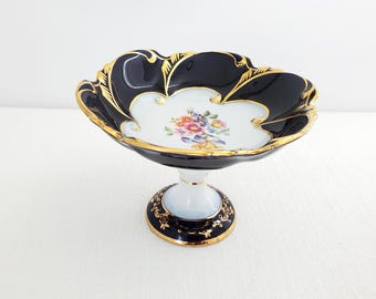 German Cobalt Blue Candy / Trinket Dish with Pedestal, Porcelain, Floral, PM Germany, 5”