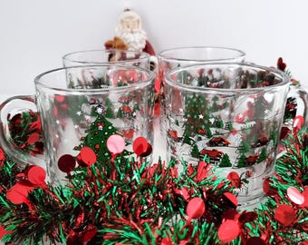 Four KIG Glass Christmas Mugs Glasses, Snowy Village Scene, Christmas Tree