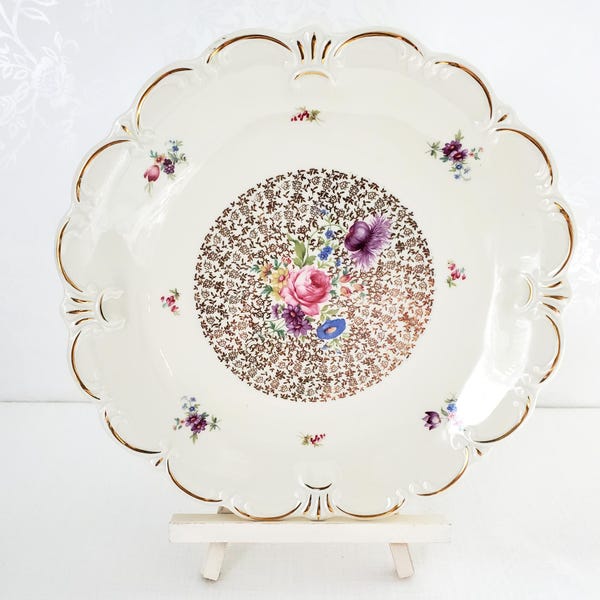1950s Porcelain Serving Plate, Bavarian, Alka Kunst Kronach, Meissen, Embossed, Floral, Gold Detail, 11"