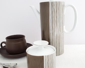 MCM Thomas Rosenthal Coffee Pot and Sugar Bowl, Made in Germany, Striped, Minimalist  “Medallion” Shape, Hans Baumann Design, 1960s