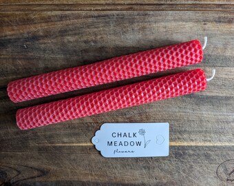 Coral Red Rolled Beeswax Dinner Candles - 2 pack (20cm)