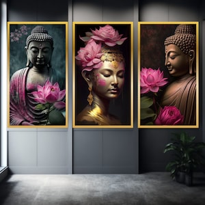3 SET&#39;s Enlightened Serenity: Golden Buddha with Pink Lotus Flower for Spiritual Wall Art Decor