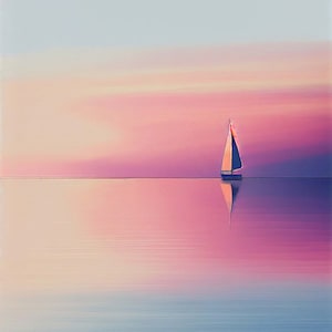 Tranquil sunset seascape watercolor with sailboat. Minimalist style, captures nature&#39;s beauty