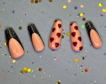 Red Bottom Nails, Black French Tip Set With Red Hearts