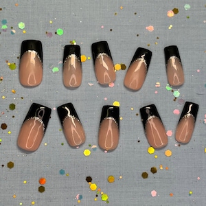Black French Tip Nails, Medium Square Press Ons, Wedding Day Fake Nails, Luxury Birthday Black Press On Nails, Everyday Acrylic Nail Sets