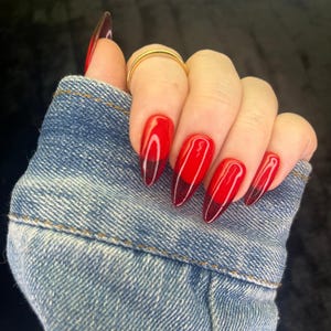 Jelly Red Press On Nails – Demi Lovato Inspired Almond Nails – Transparent Red Tips – Long Vampy Nails – Trendy Reusable Nail Set