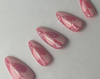 Valentines Press On Nails, Handmade Pink Glitter Almond Nails