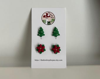 ¡Pendientes de botón con flor de Pascua y árbol de Navidad!