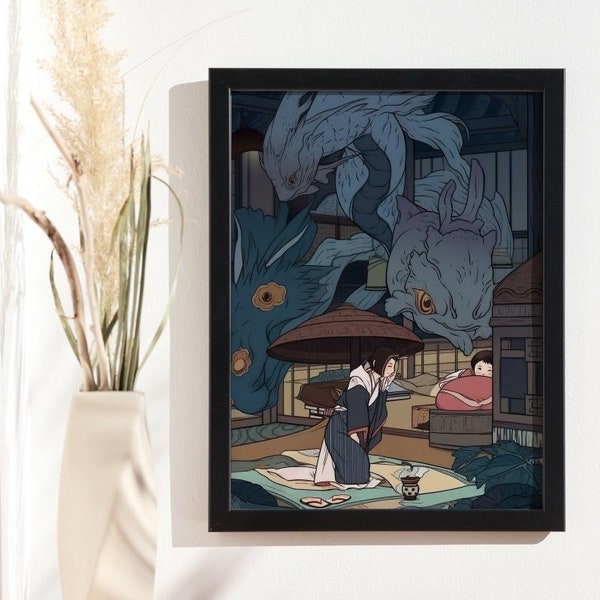 Fish Spirits Digital Print - Woodblock Art, Japanese Art, Printable Wall Art, Ghibli Print, Ukiyo-e, Anime Decor