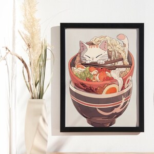 Leftover Ramen Cat Digital Print - Woodblock Art, Japanese Art, Printable Wall Art, Food Print, Ukiyo-e, Anime Decor