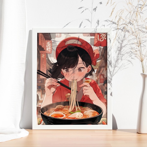 Black Haired Girl Eating Ramen | Digital Print - Japanese Art, Gallery Wall Art, Ukiyo-e, Anime Girl Poster, Japanese Decor Ramen Prints