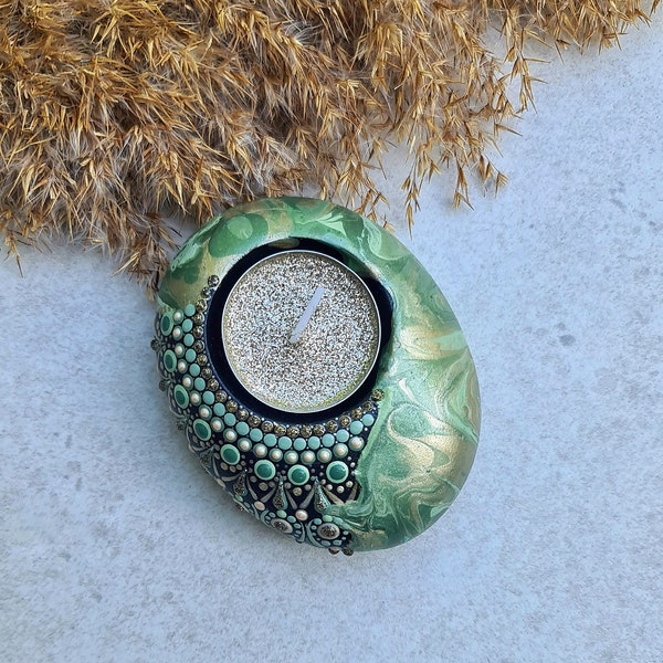 Mandala tealightholder hand-painted, artificial stone, dot art mandala, dot painting, table decoratin, colorful decoration, pouring acrylic