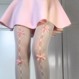 White and Pink Dainty Coquette Tights with Velvet Bows